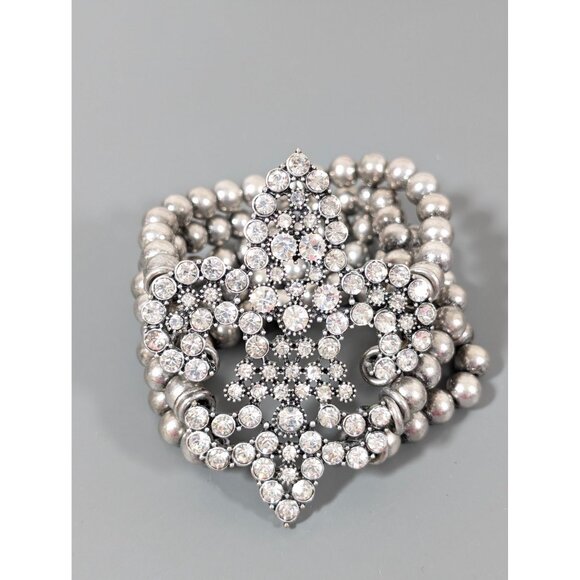 Silver Tone Fleur De Lis Rhinestone Five Row Bead Statement Bracelet 7" - Picture 2 of 7